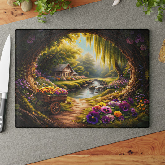 Enchanted Garden Cottage Glass Cutting Board – Personalized Storybook Landscape Kitchen Decor