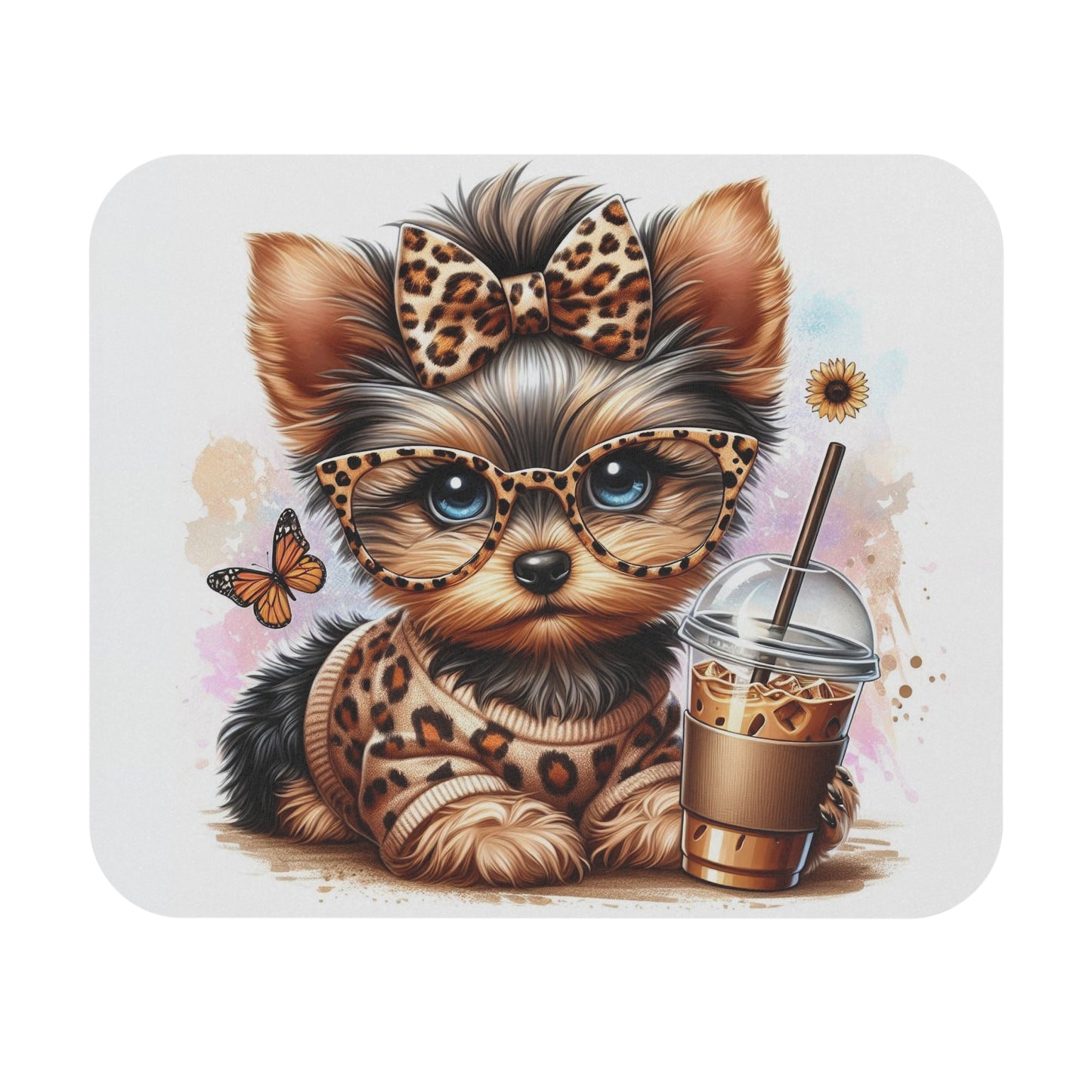 🖱️🐶🧋 Yorkie Mouse Pad – Leopard Bow, Glasses & Iced Coffee Cutie