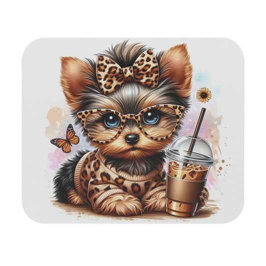 🖱️🐶🧋 Yorkie Mouse Pad – Leopard Bow, Glasses & Iced Coffee Cutie