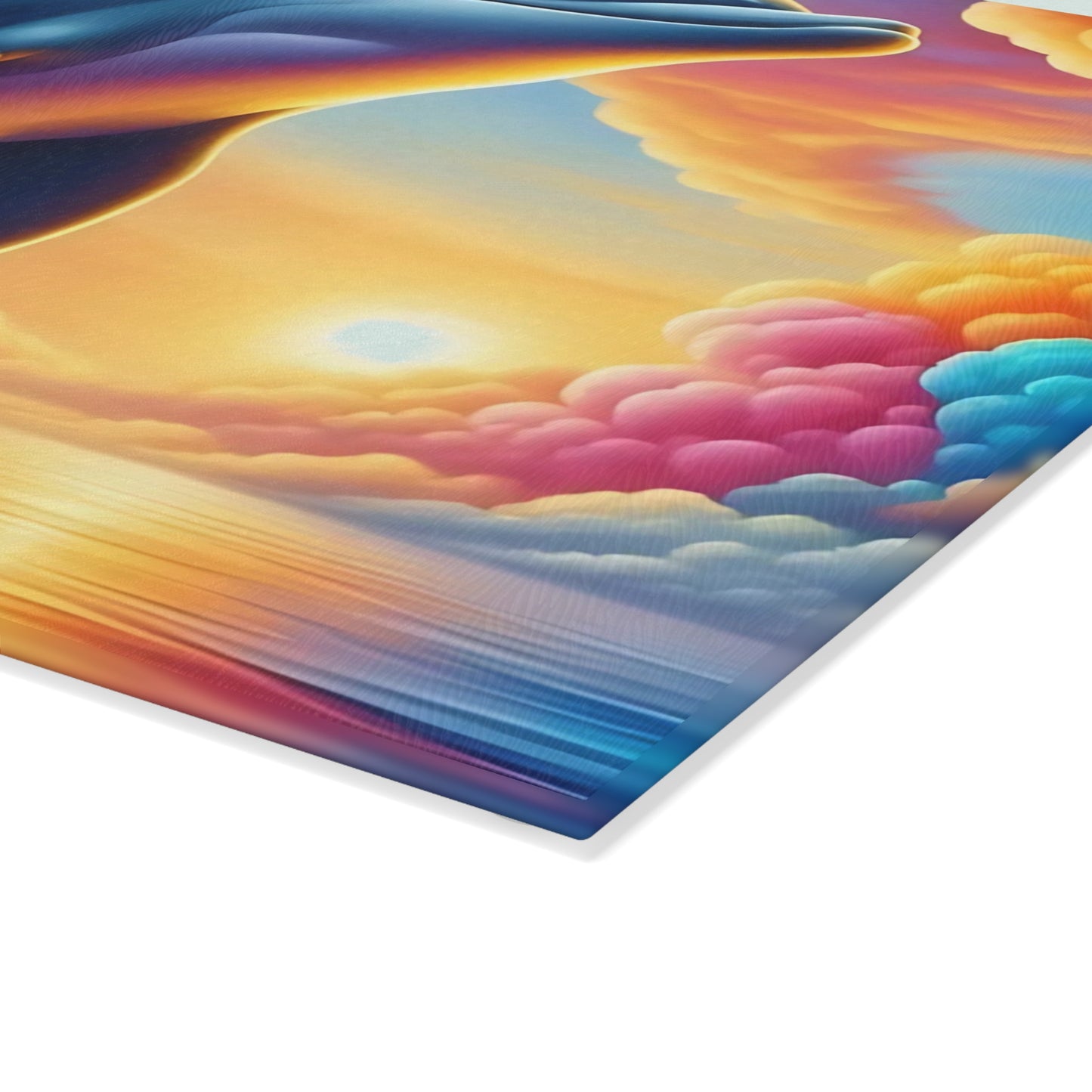 Happy Dolphin & Rainbow-Colored Clouds Glass Cutting Board – Whimsical Ocean Kitchen Art