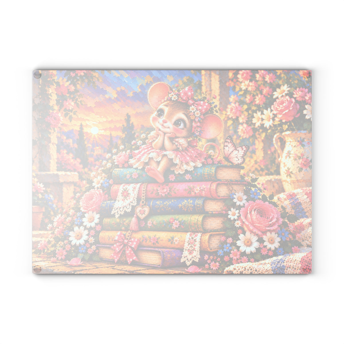 Adorable Mouse on Colorful Books Tempered Glass Cutting Board – Whimsical Floral Storybook Art – 11 × 15 Inches