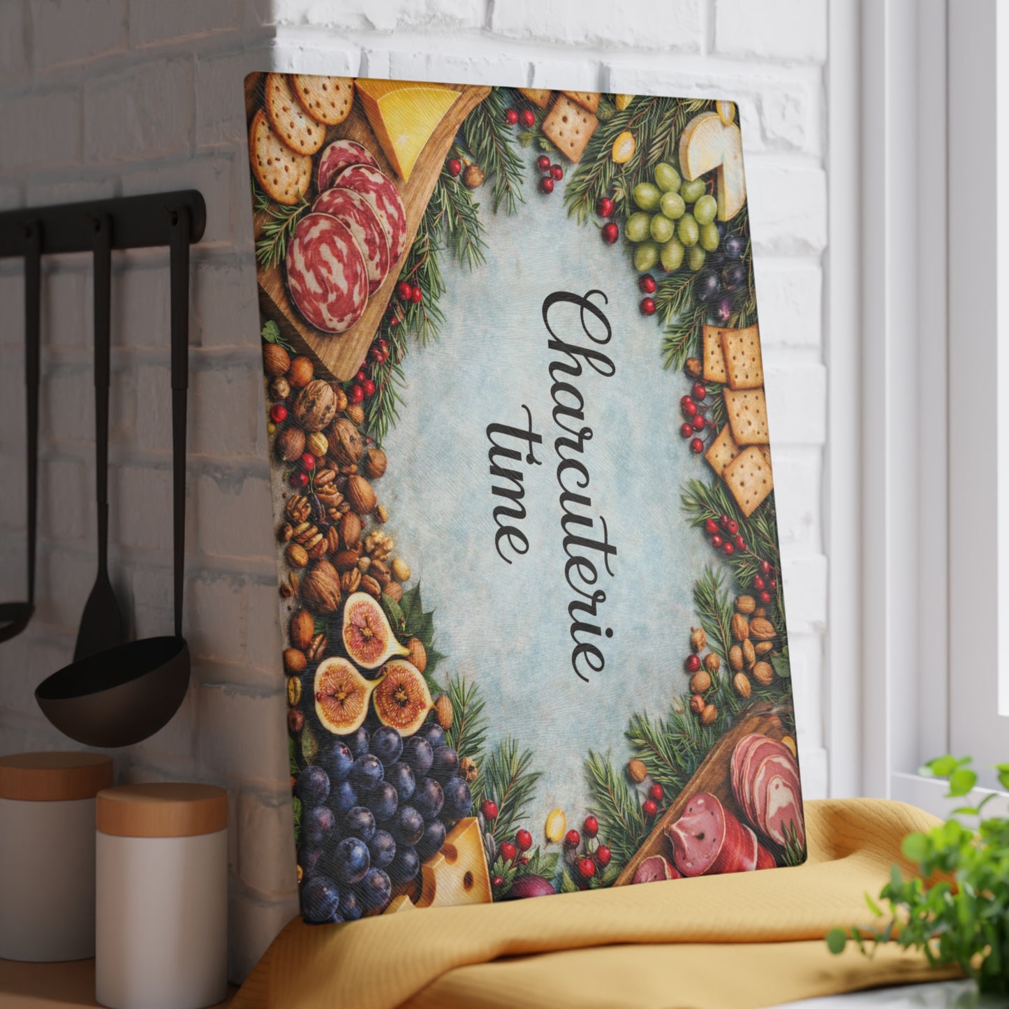 “Charcuterie Time” Festive Entertaining Glass Cutting Board – Holiday Kitchen Décor