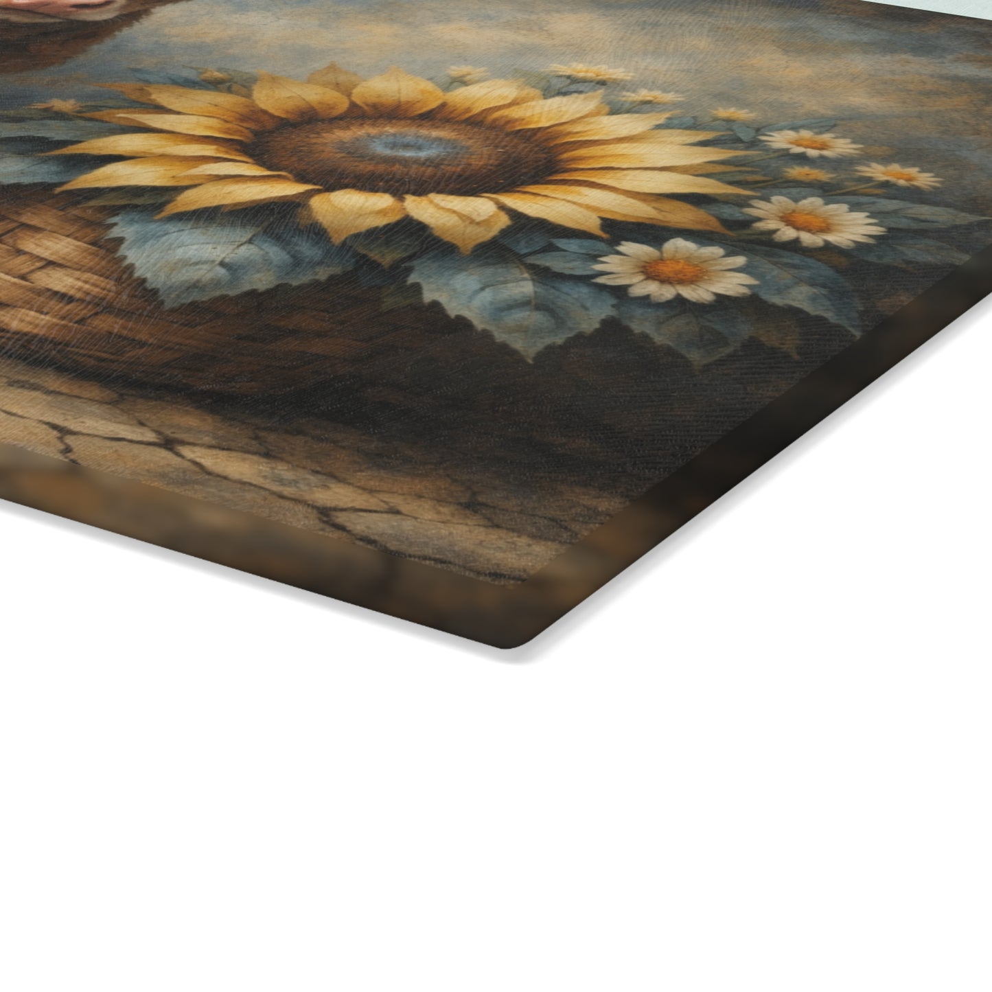 Sunflower Calf Glass Cutting Board – Rustic Farmhouse Kitchen Decor