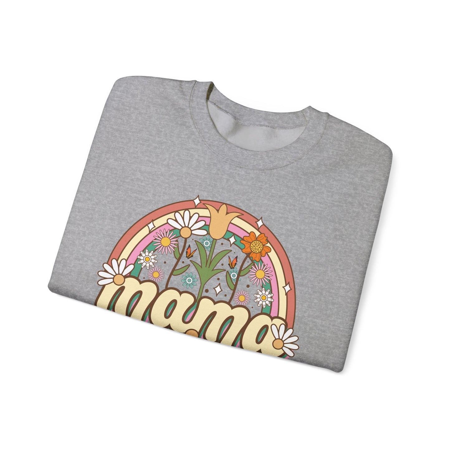 🌼🌈 Retro Floral Mama Sweatshirt – Vintage Rainbow Daisy Mom Crewneck