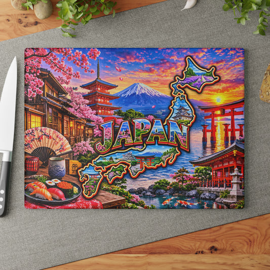 Japan Map Cutting Board – Mount Fuji, Cherry Blossoms, Japanese Pagodas, Torii Gates & Colorful Japanese Kitchen Décor