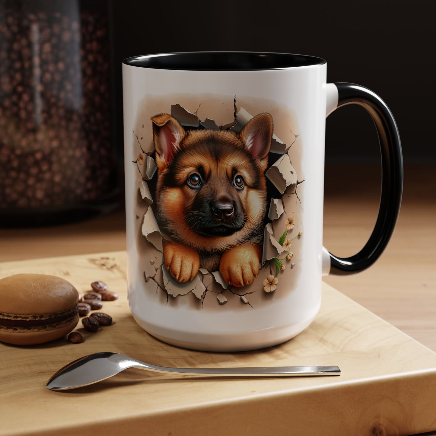 🐾☕ German Shepherd Puppy Peek Accent Mug – Loyal Pup Lover Gift ✨🖤