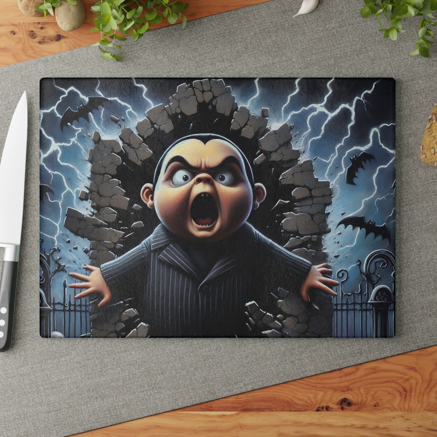🦇 Screaming Darkling Cutting Board – Gothic Cartoon Chaos with Bats, Lightning & Broken Walls ⚡🍽️