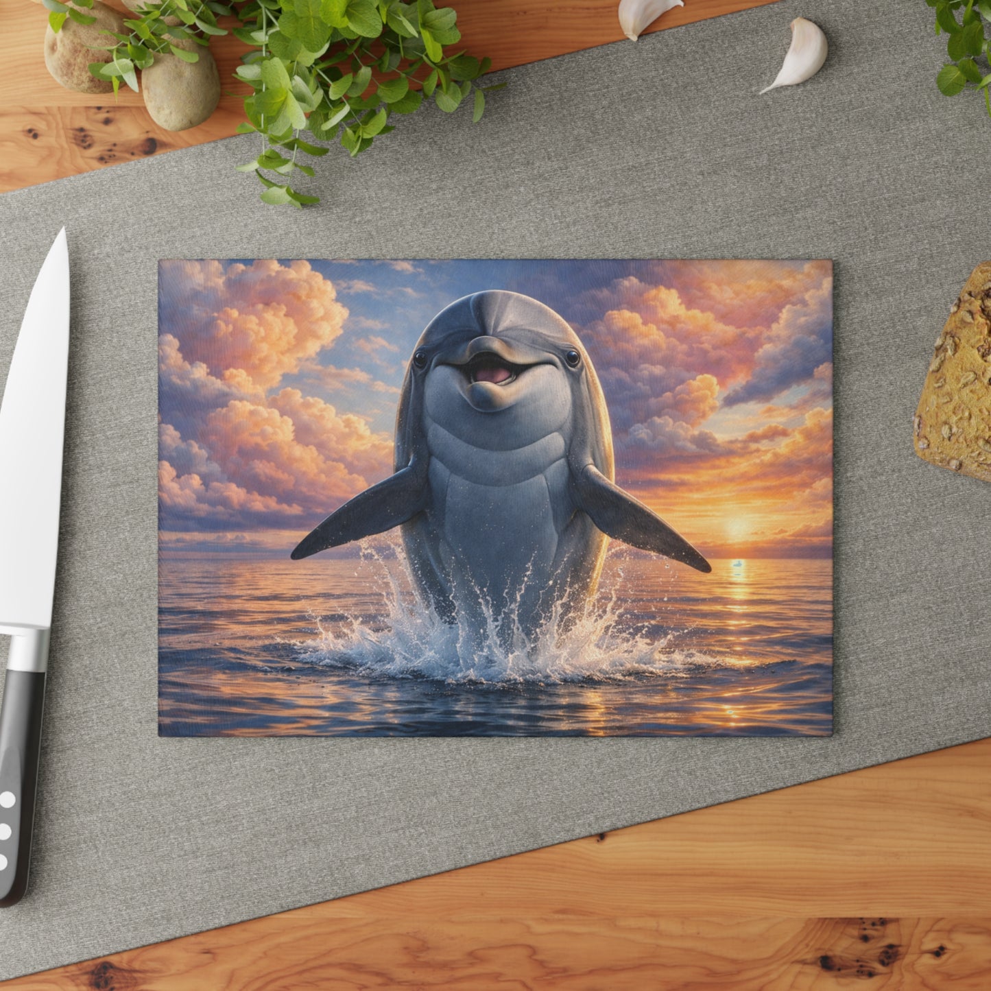 Joyful Dolphin Sunrise Glass Cutting Board – Uplifting Ocean Artwork