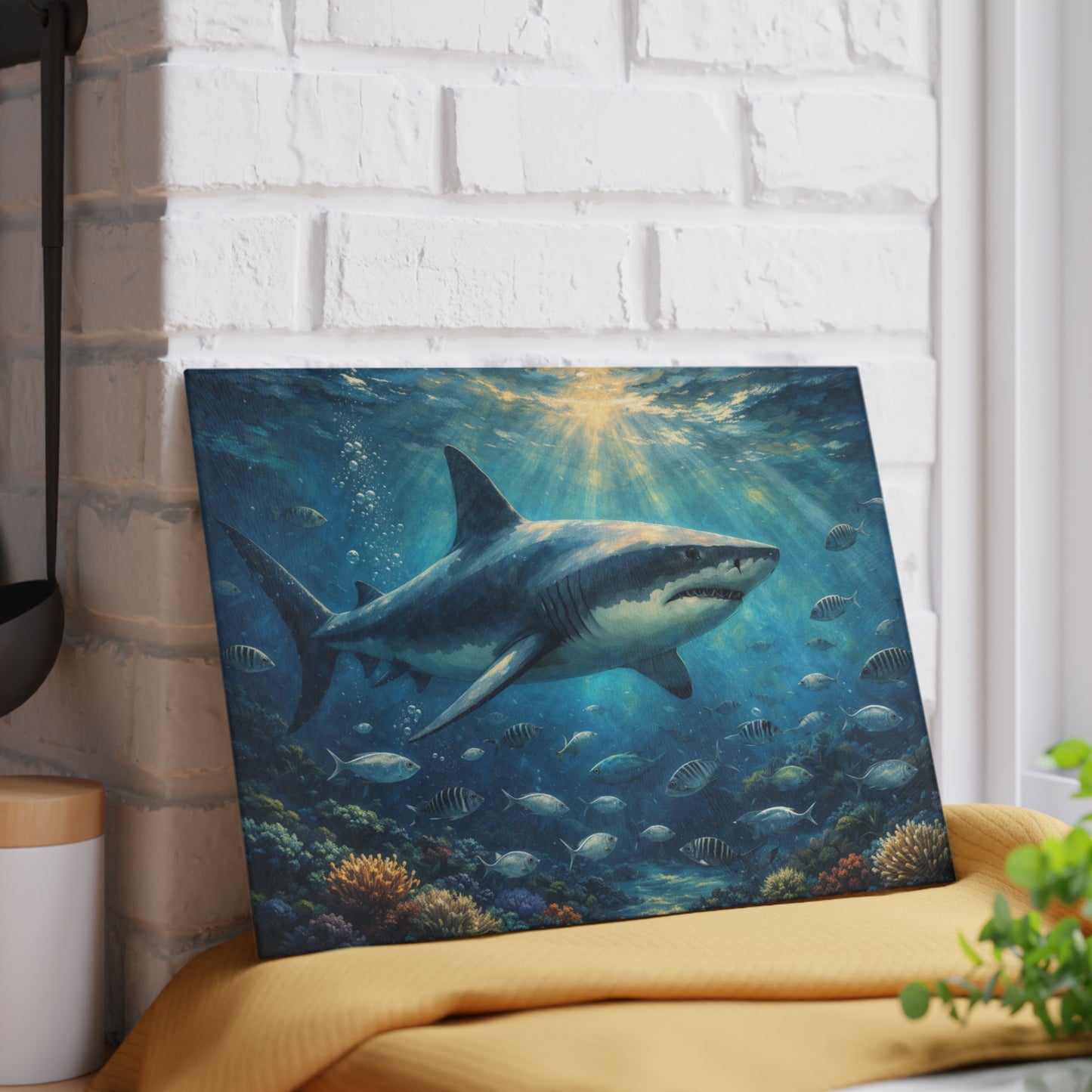 Guardian of the Deep Glass Cutting Board – Majestic Ocean Shark Artwork