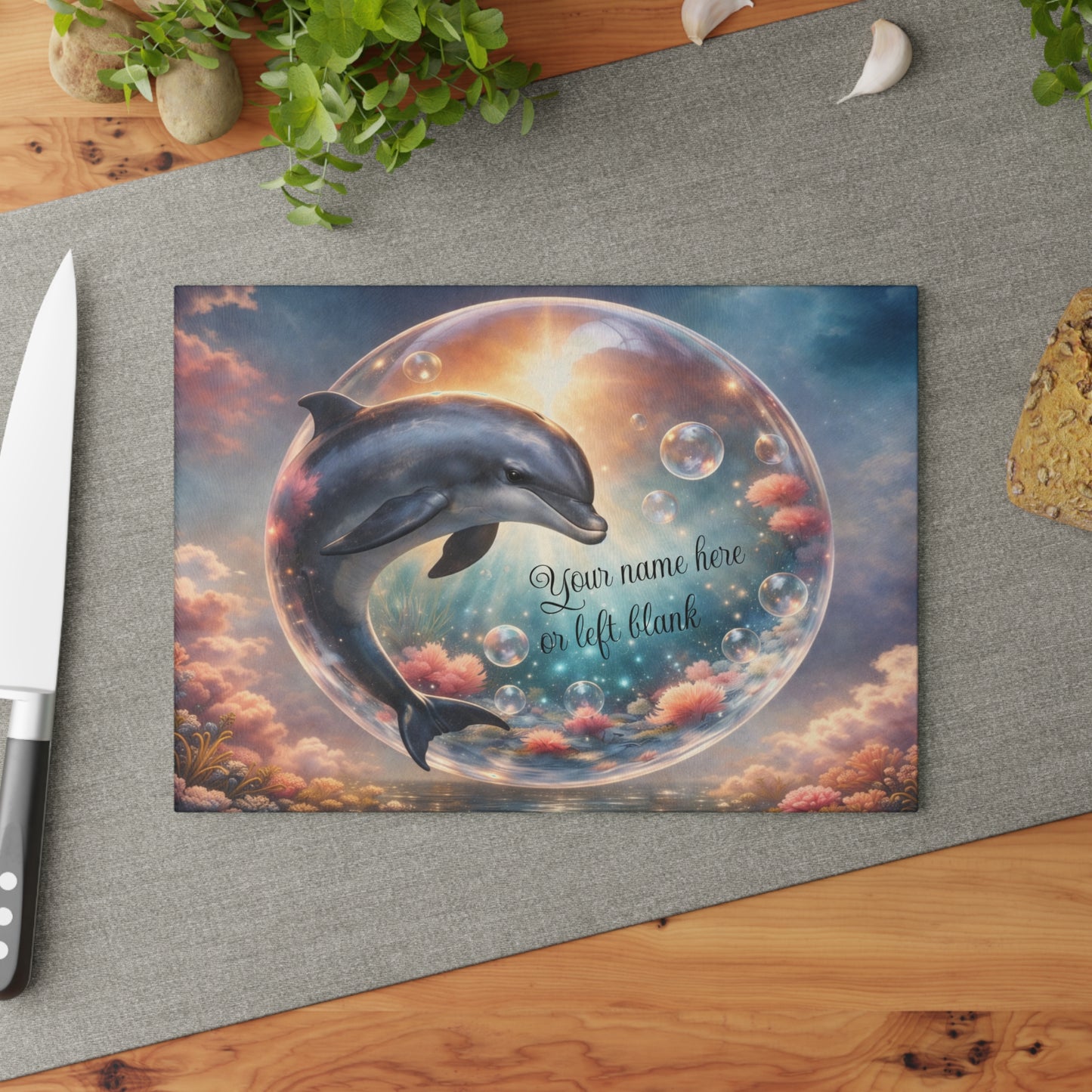Dolphin Ocean Dream Glass Cutting Board – Personalized Coastal Kitchen Decor with Bubbles and Coral Reef Design
