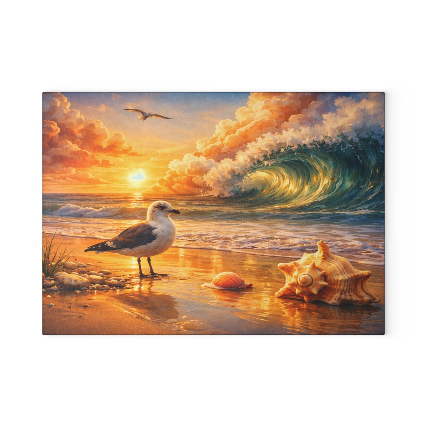 Golden Coastal Wave Glass Cutting Board – Ocean Sunset Seagull Beach Kitchen Art