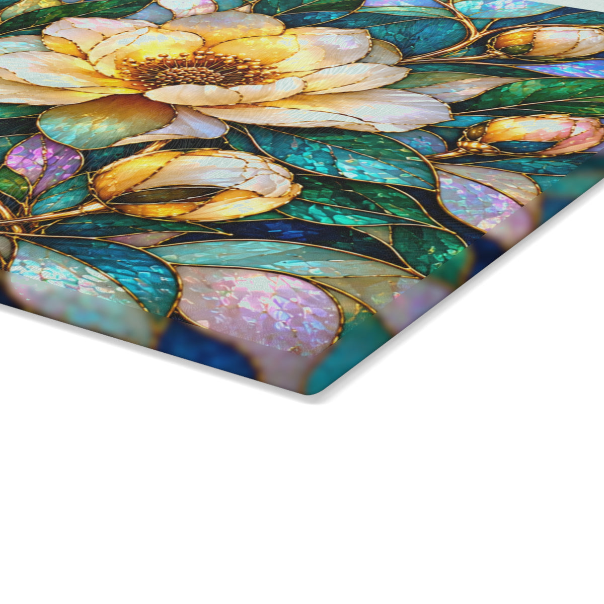 Stained-Glass-Inspired Ivory Magnolia Cutting Board – Golden Cream Blossoms, Iridescent Teal Leaves & Elegant Botanical Kitchen Décor