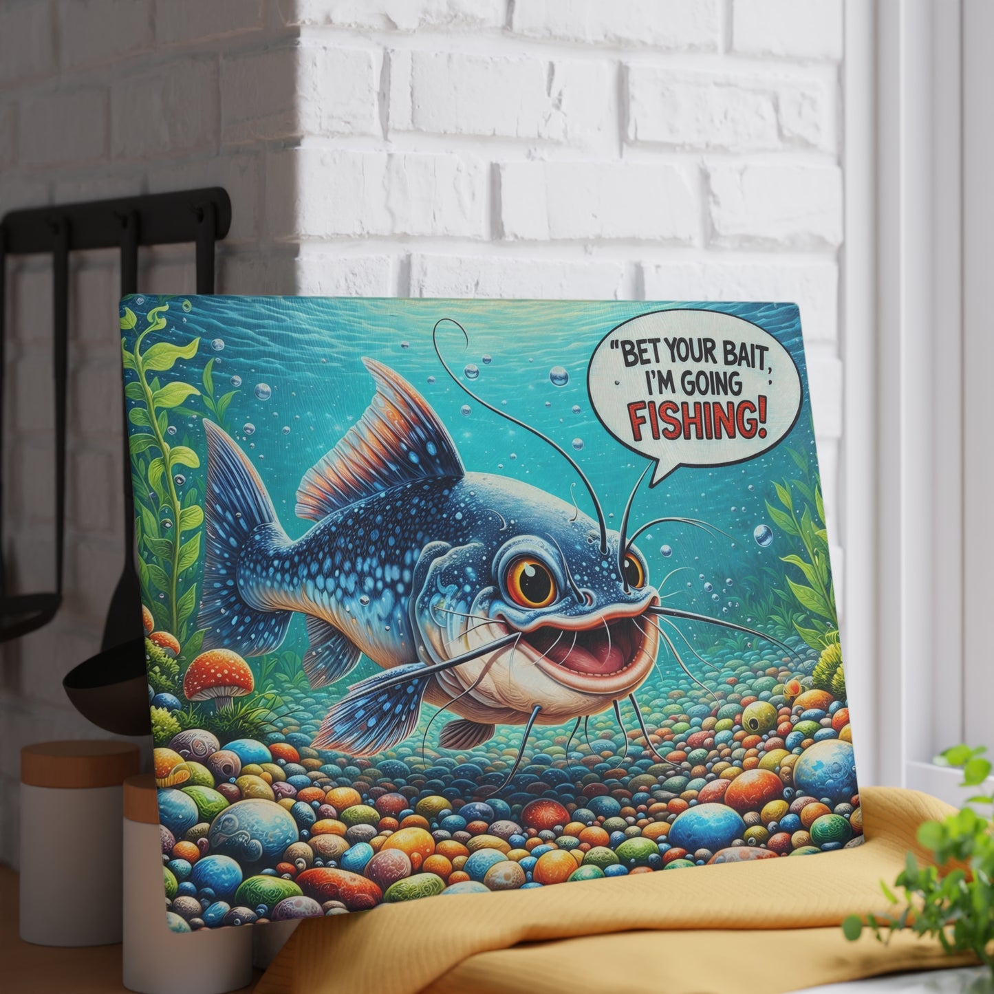 Bet Your Bait I’m Going Fishing Glass Cutting Board – Funny Fishing Kitchen Art with Colorful Catfish Design