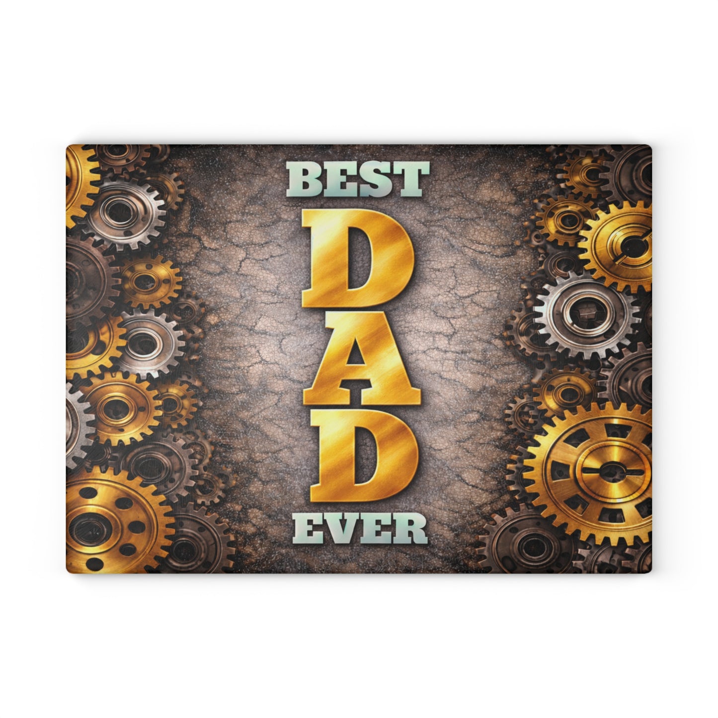 Best Dad Ever Glass Cutting Board – Industrial Gear Father Tribute Kitchen Art