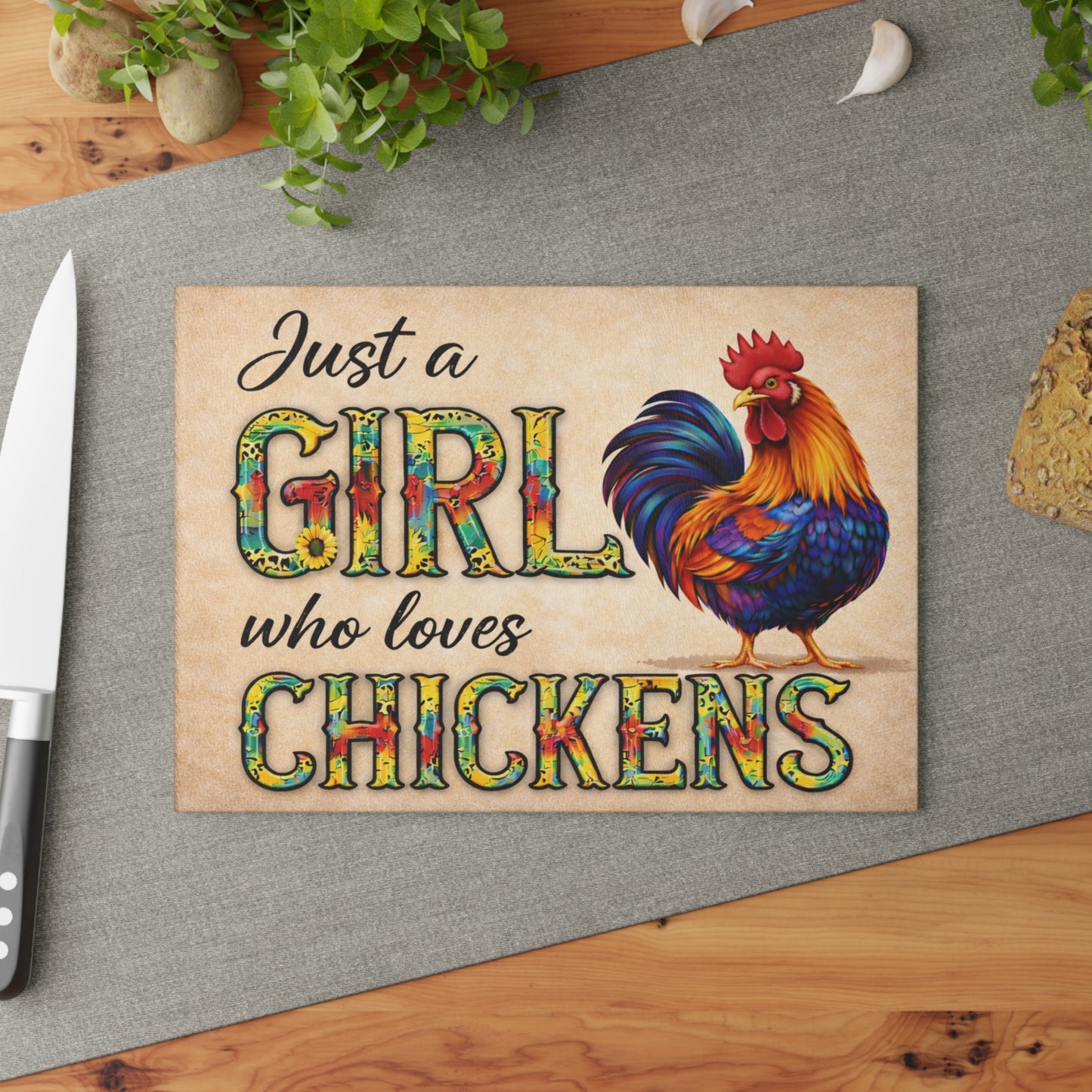 Just a Girl Who Loves Chickens Glass Cutting Board – Colorful Rooster Farm Kitchen Decor