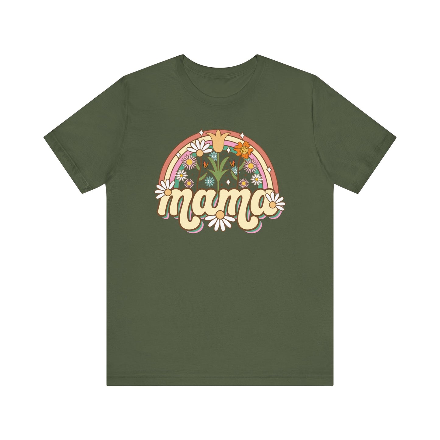 🌼🌈 Retro Floral Mama T-Shirt – Boho Rainbow Graphic Tee for Moms 🌻✨