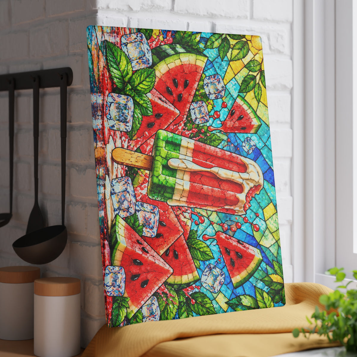 Fruit Popsicle Stained-Glass-Look Glass Cutting Board – Colorful Summer Fruit Kitchen Decor