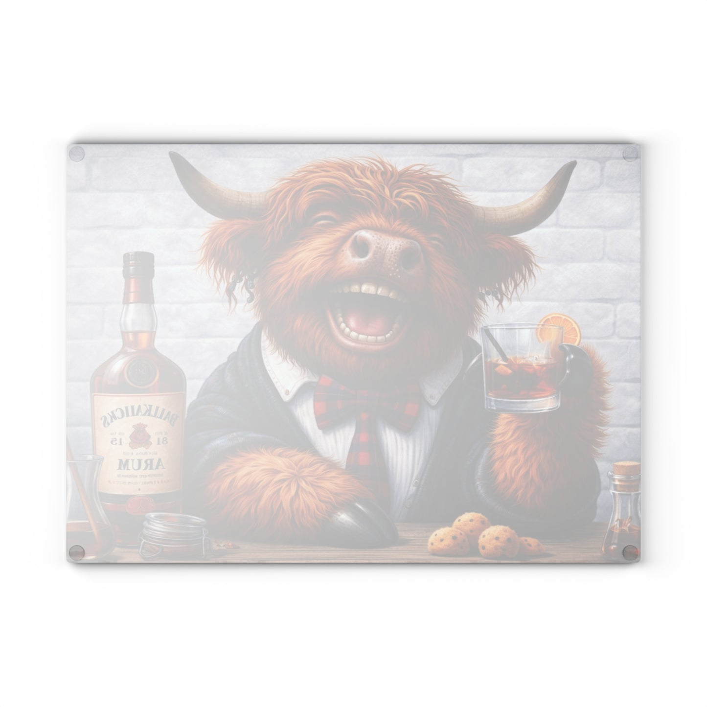 Smiling Highland Cow Whiskey Glass Cutting Board – Playful Farm Bar Art with Rustic Humor