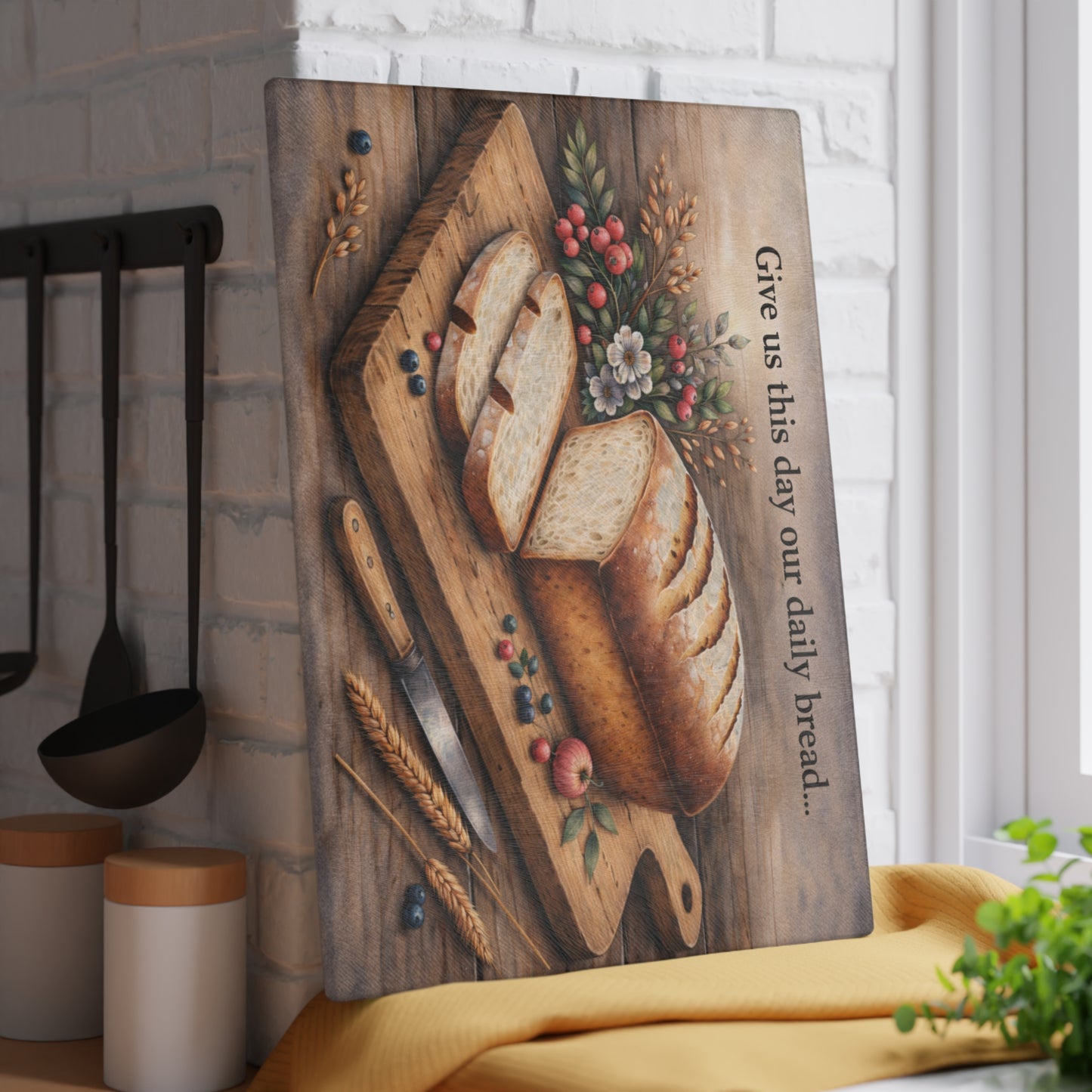 Rustic Artisan Bread Glass Cutting Board – Farmhouse Kitchen Artwork