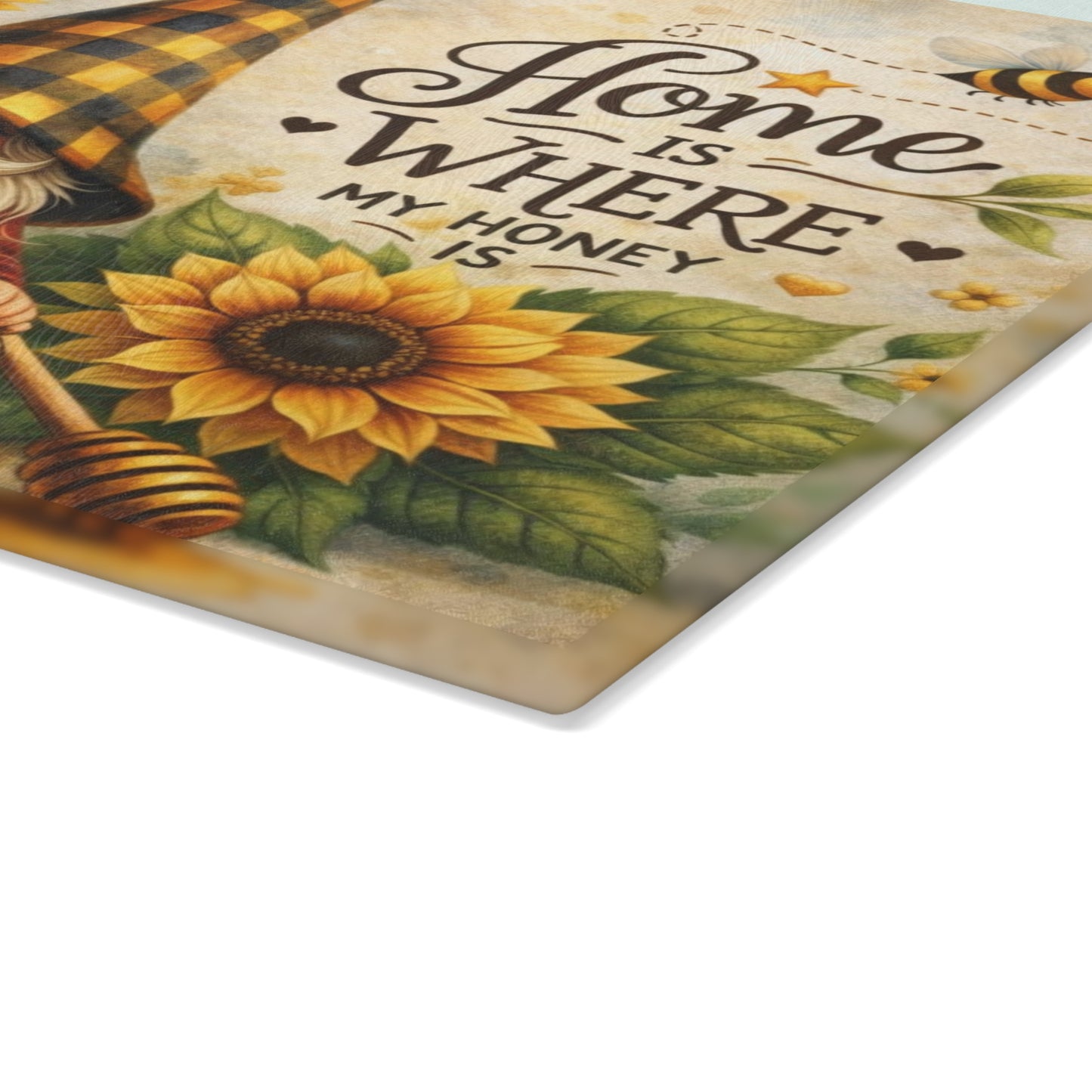 Sunflower Honey Gnome Glass Cutting Board – Cozy Farmhouse Kitchen Decor