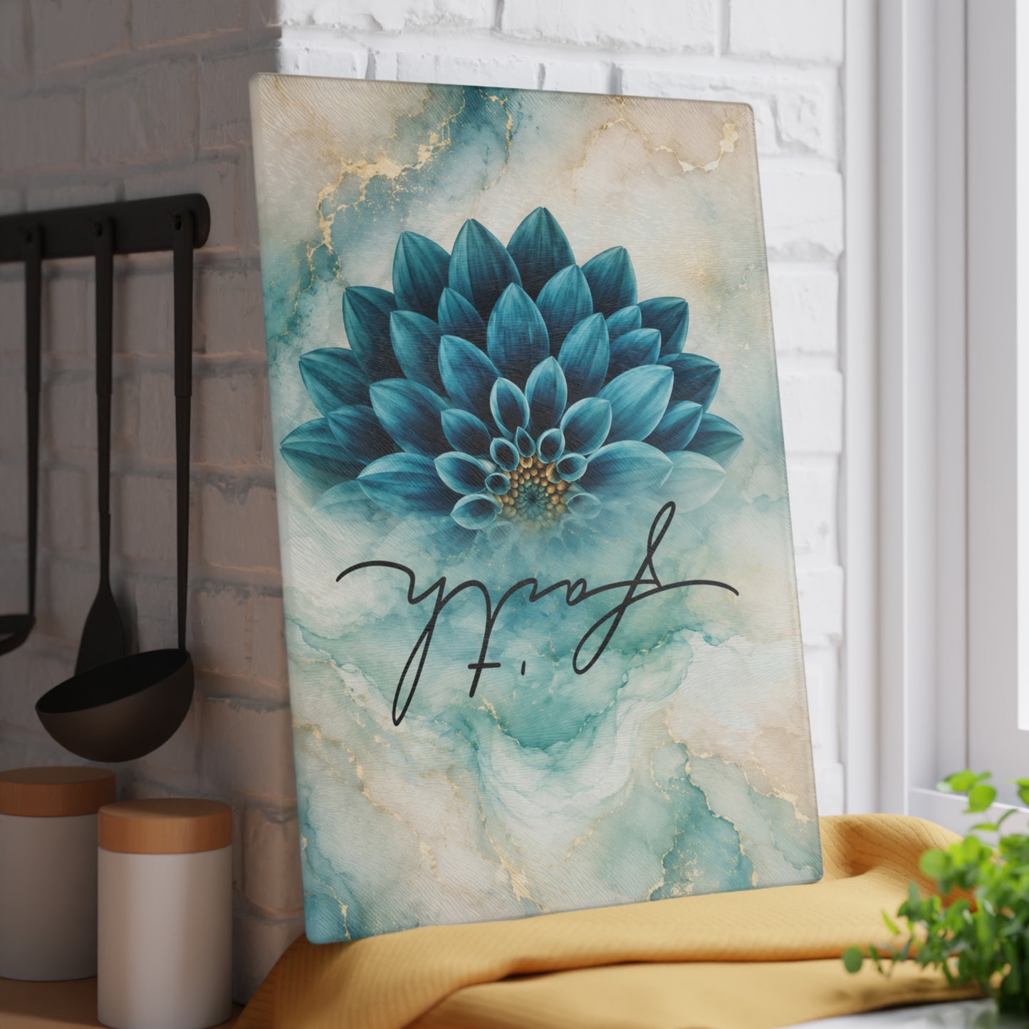 Faith Blue Floral Glass Cutting Board – Elegant Christian Kitchen Decor with Inspirational Scripture Artwork