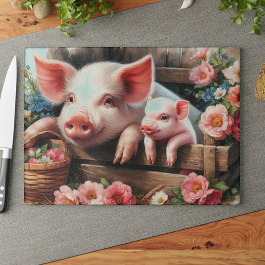 Tabla de cortar de vidrio templado para mamá y cerdito