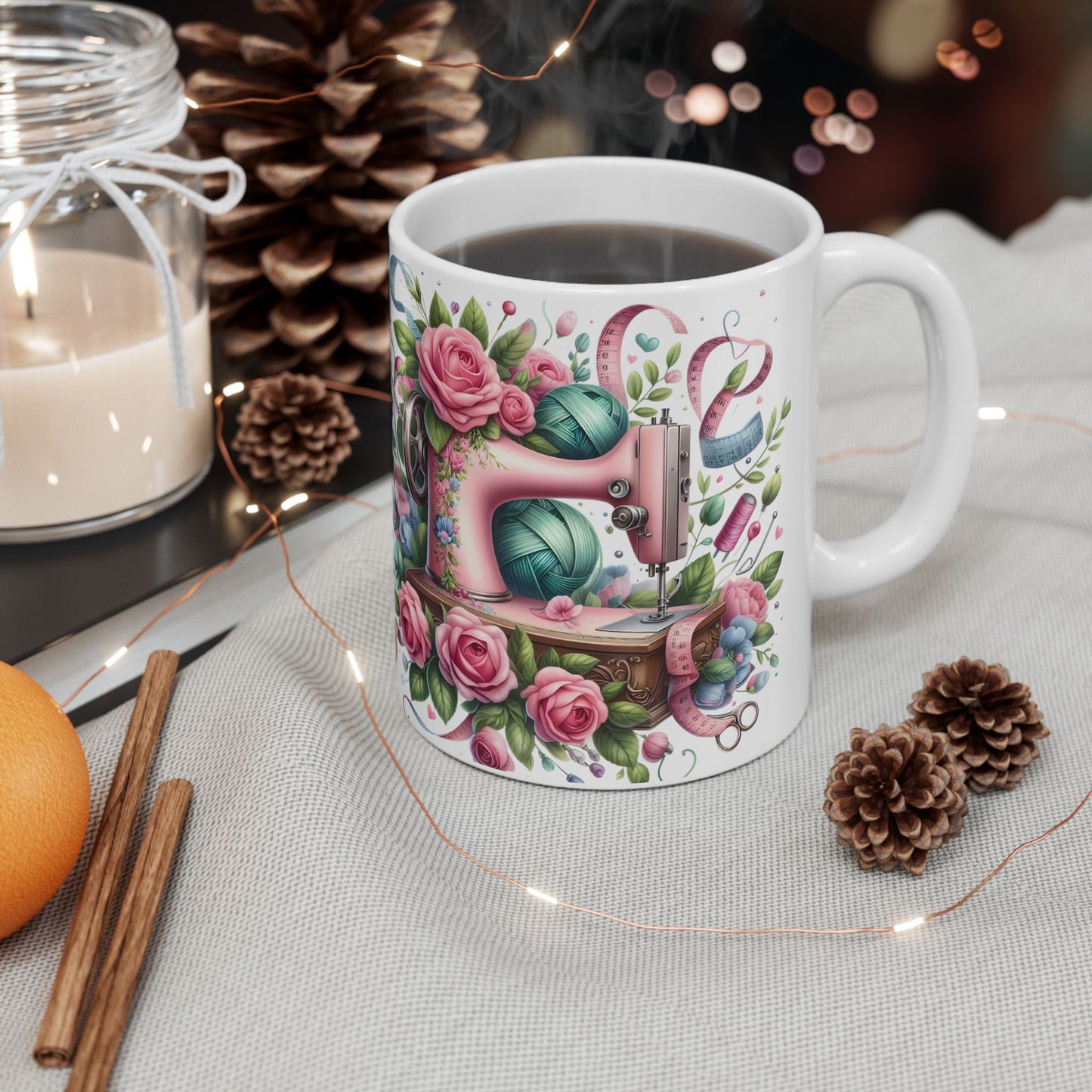 🌸🧵 Floral Sewing Machine Mug – Personalized Coffee Cup for Quilters & Crafters ✨☕