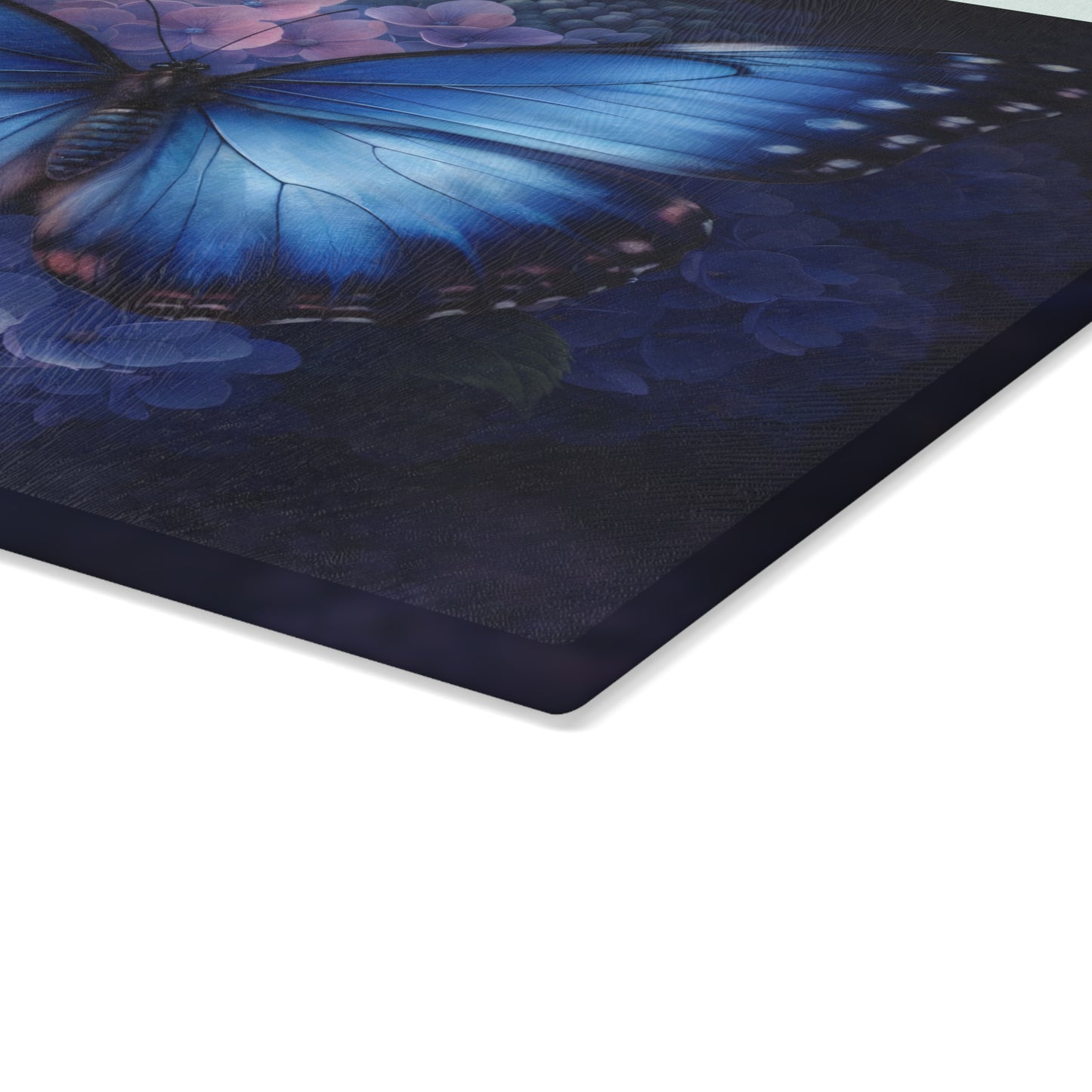 Blue Butterfly & Hydrangea Glass Cutting Board – Elegant Floral Butterfly Kitchen Art