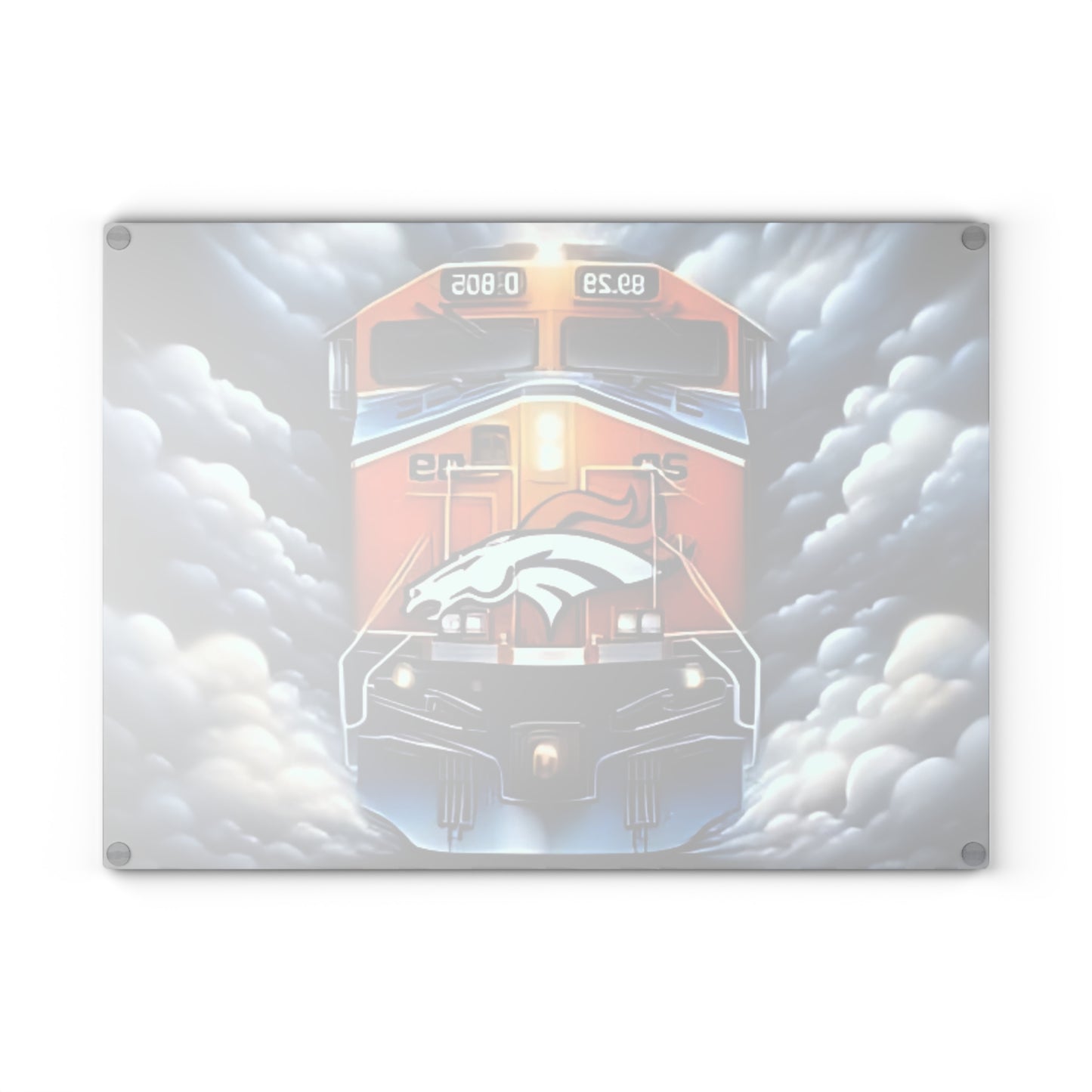 Blue & Orange Express Glass Cutting Board – Dynamic Train Art for Energetic, Bold Kitchens