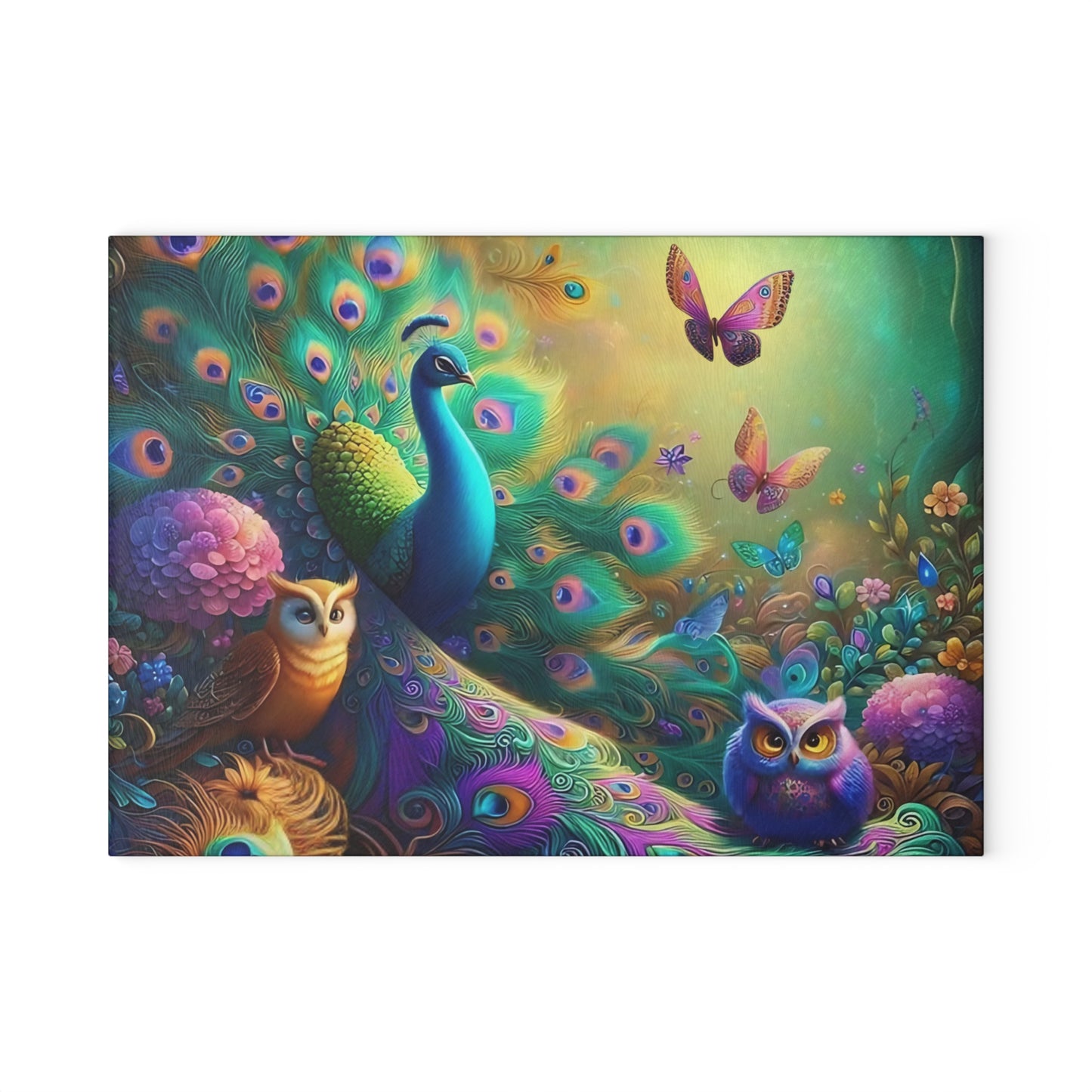 🦚 Whimsical Peacock Forest Cutting Board – Magical Birds & Blooming Feathers