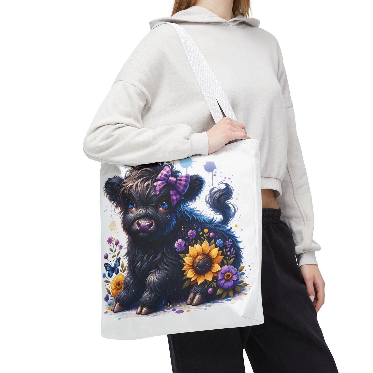 💜 Purple Bow Black Highland Calf Tote Bag – Country Charm with a Pop of Color 🐮👜