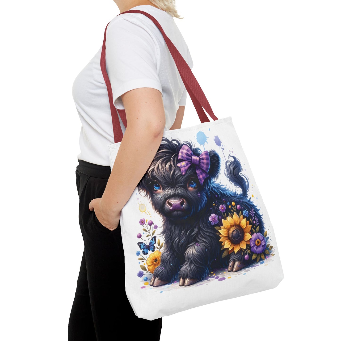 💜 Purple Bow Black Highland Calf Tote Bag – Country Charm with a Pop of Color 🐮👜