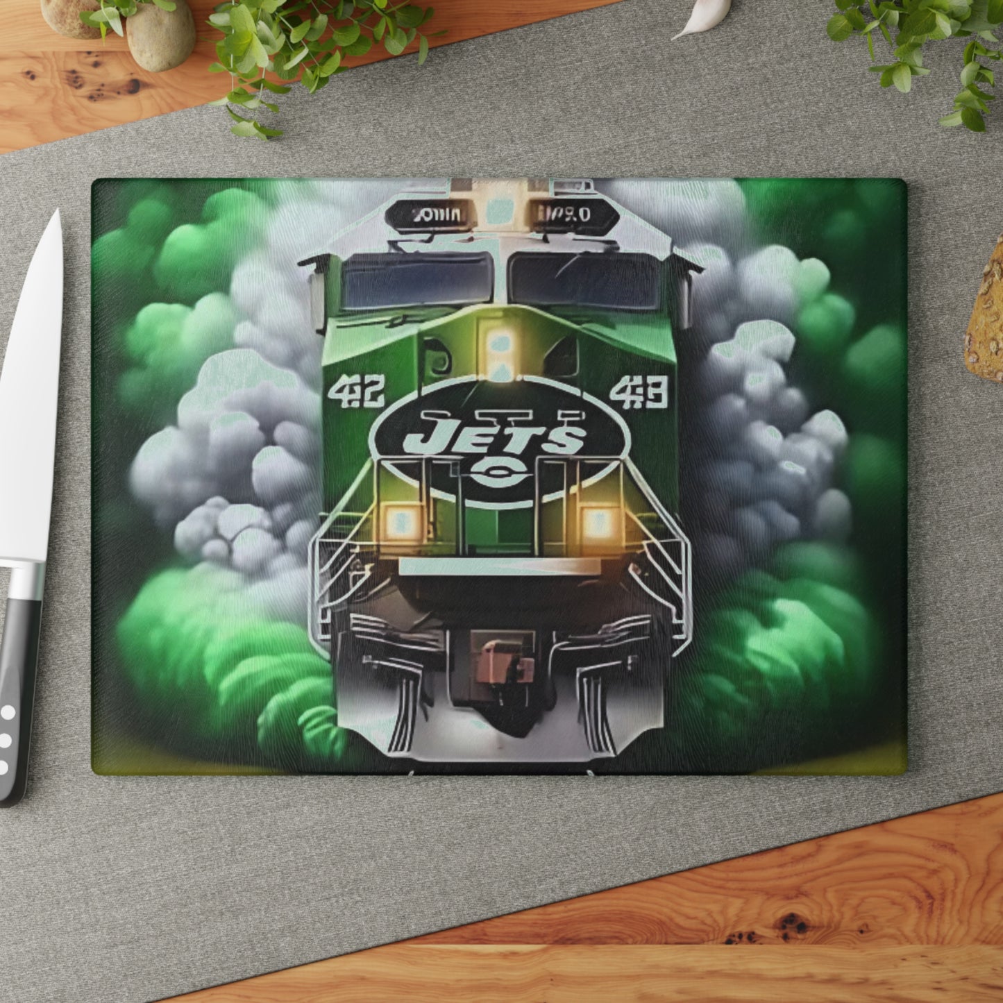 Green & White Express Glass Cutting Board – Clean Train Art for Fresh, Classic Kitchens