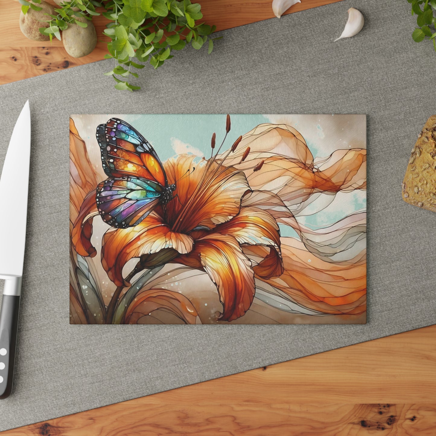 Flower & Butterfly Tempered Glass Cutting Board – A Touch of Nature’s Grace