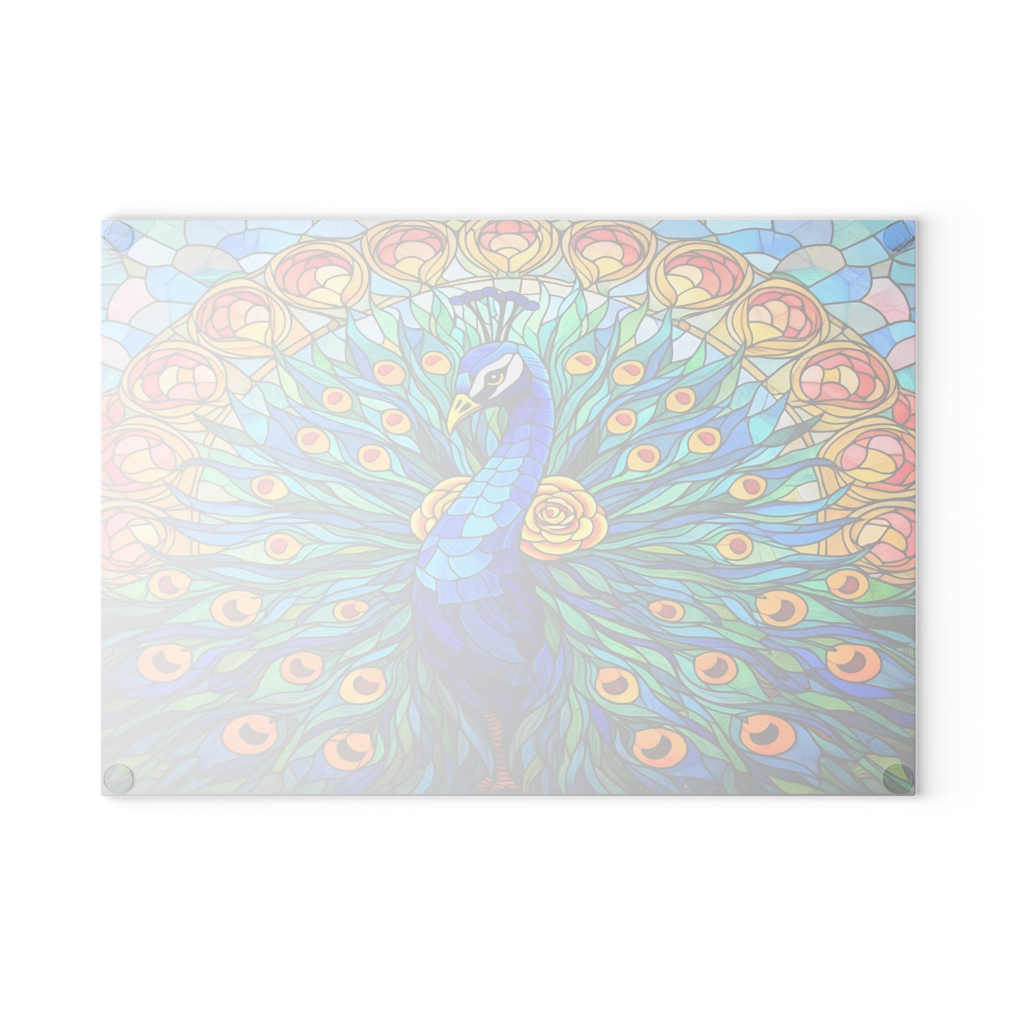 Stained Glass Style Peacock Glass Cutting Board – Vibrant Jewel-Tone Art Kitchen Decor