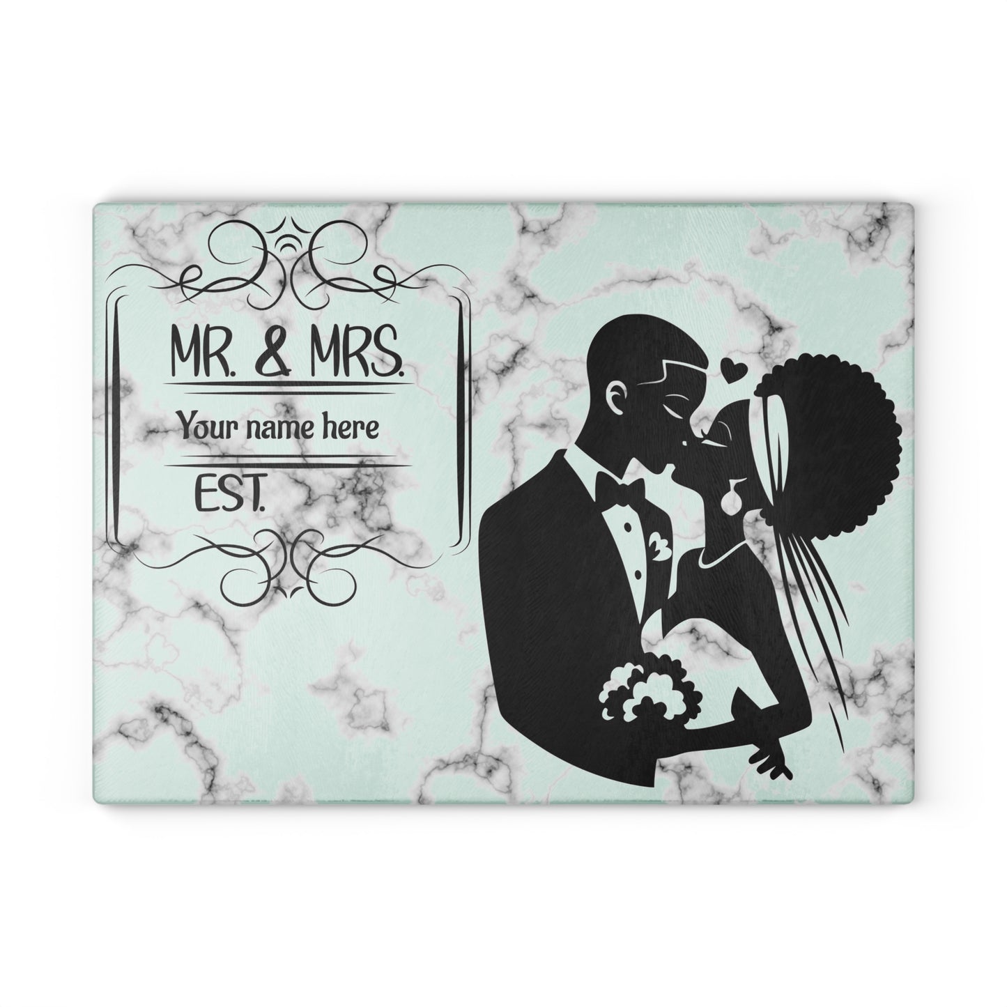 Tabla de cortar de mármol menta para pareja besándose: regalo de boda personalizado con apellido y año