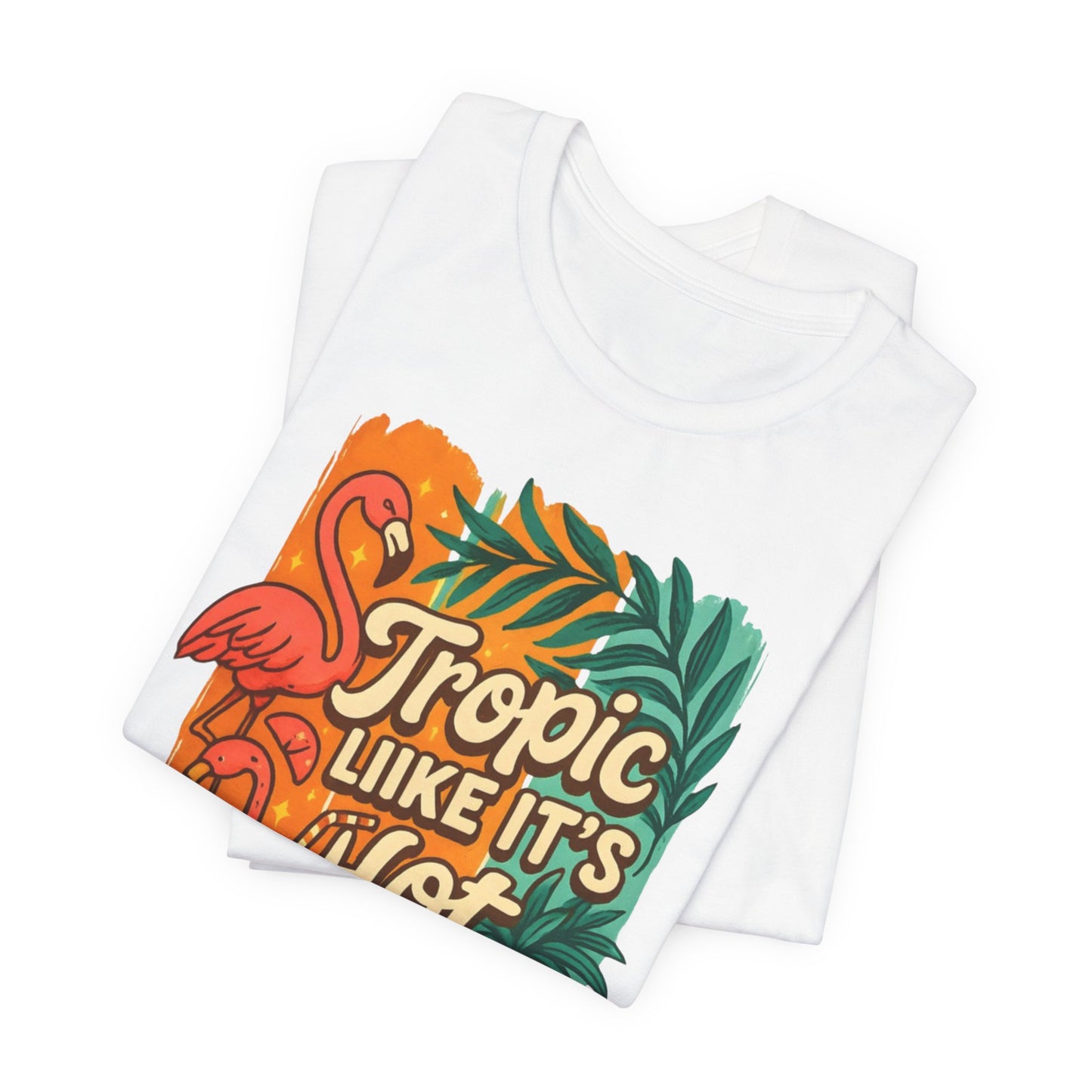 Camiseta "Tropic Like It's Hot" con flamenco, palmera y bebidas tropicales | Solo en blanco
