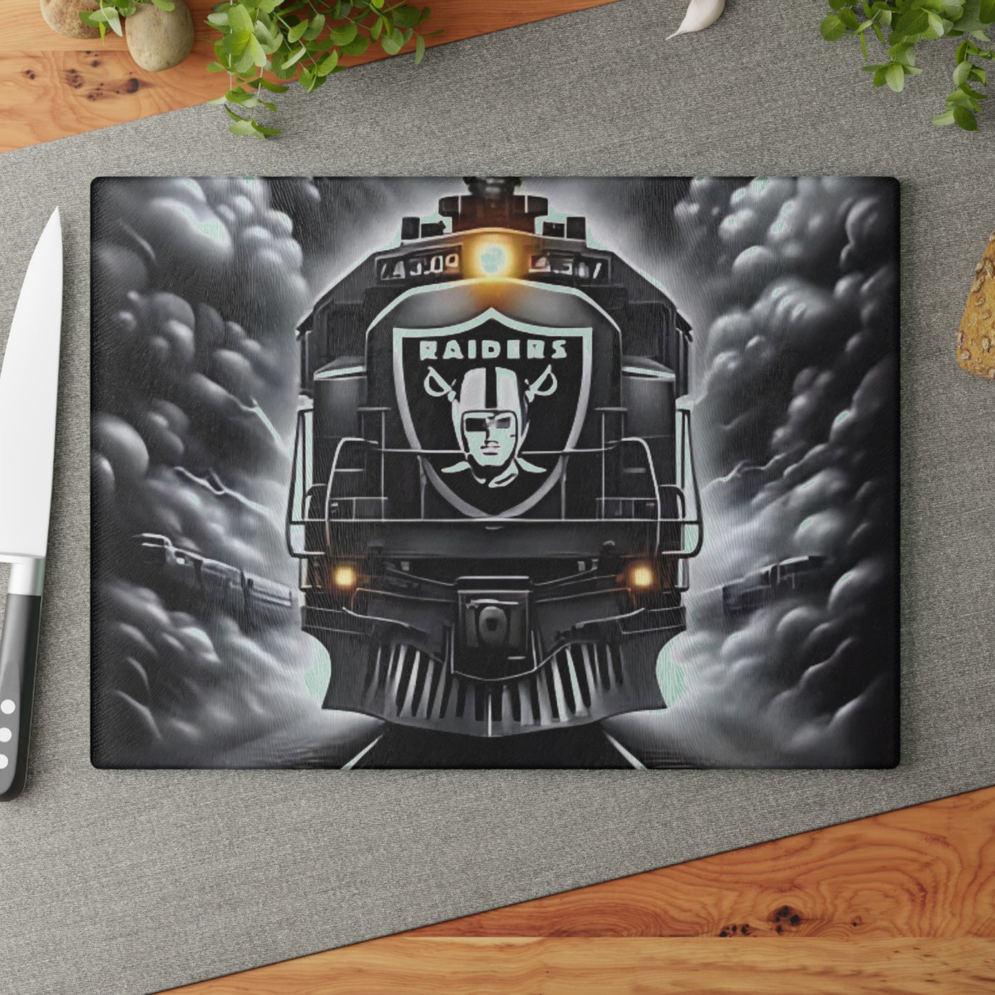 Silver & Black Express Glass Cutting Board – Sleek Train Art for Bold, Modern Kitchens