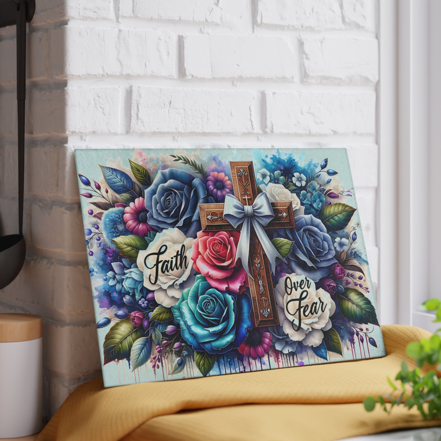 ✝️ Faith Over Fear Floral Cross Cutting Board – Christian Kitchen Inspiration with Roses & Watercolor Style