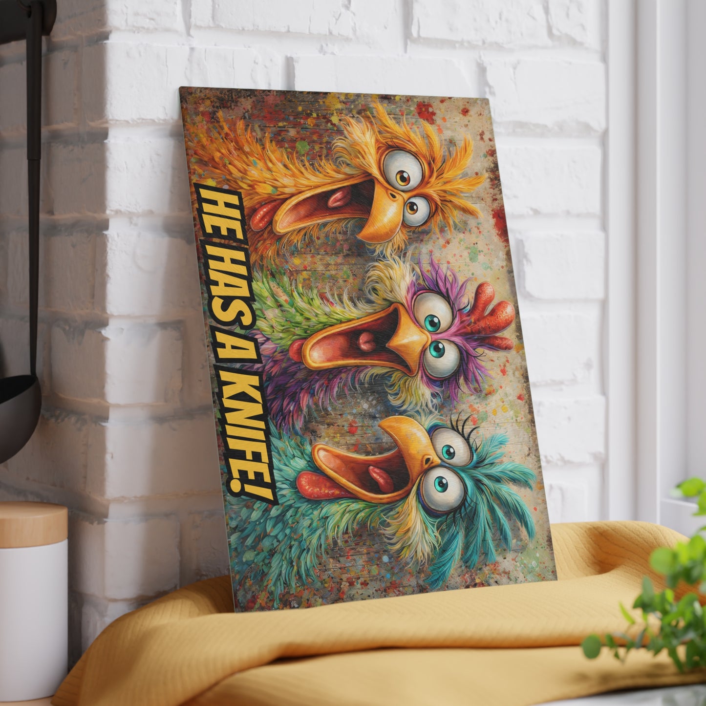 Kitchen Chaos Served Daily Glass Cutting Board – Funny Chicken Kitchen Art