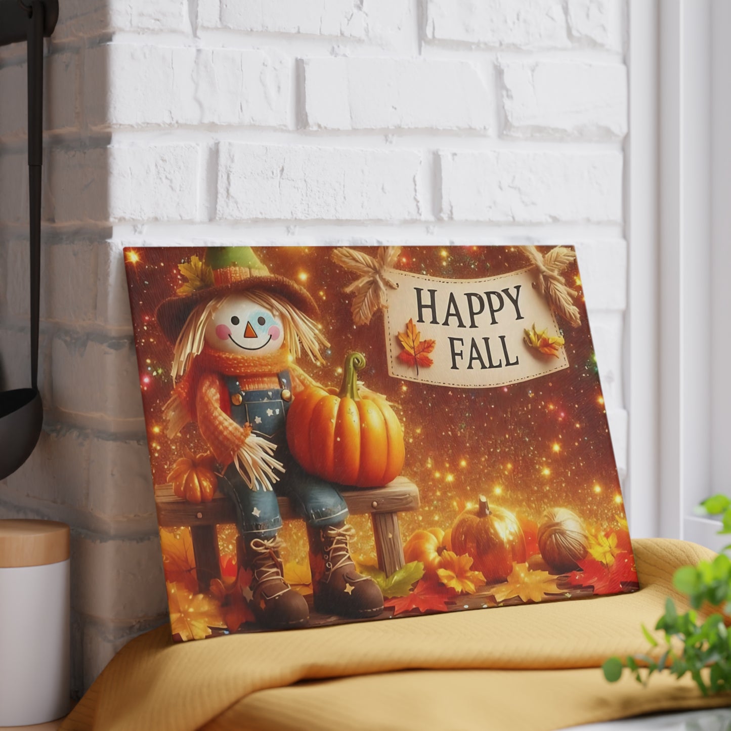 🍂🌟 Happy Fall Scarecrow Cutting Board – Rustic Autumn Kitchen Décor with Pumpkins & Golden Glow 🎃✨