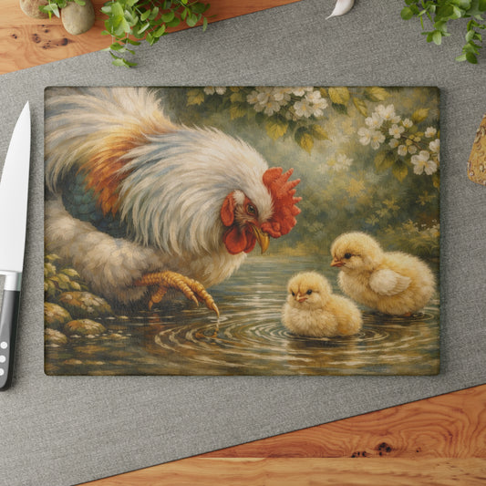 Mother Hen and Chicks Glass Cutting Board – Farmhouse Chicken Kitchen Decor