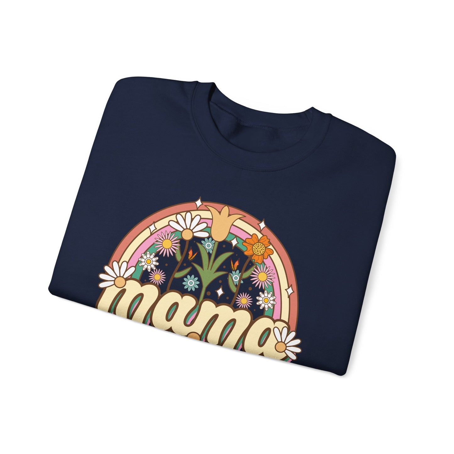🌼🌈 Retro Floral Mama Sweatshirt – Vintage Rainbow Daisy Mom Crewneck