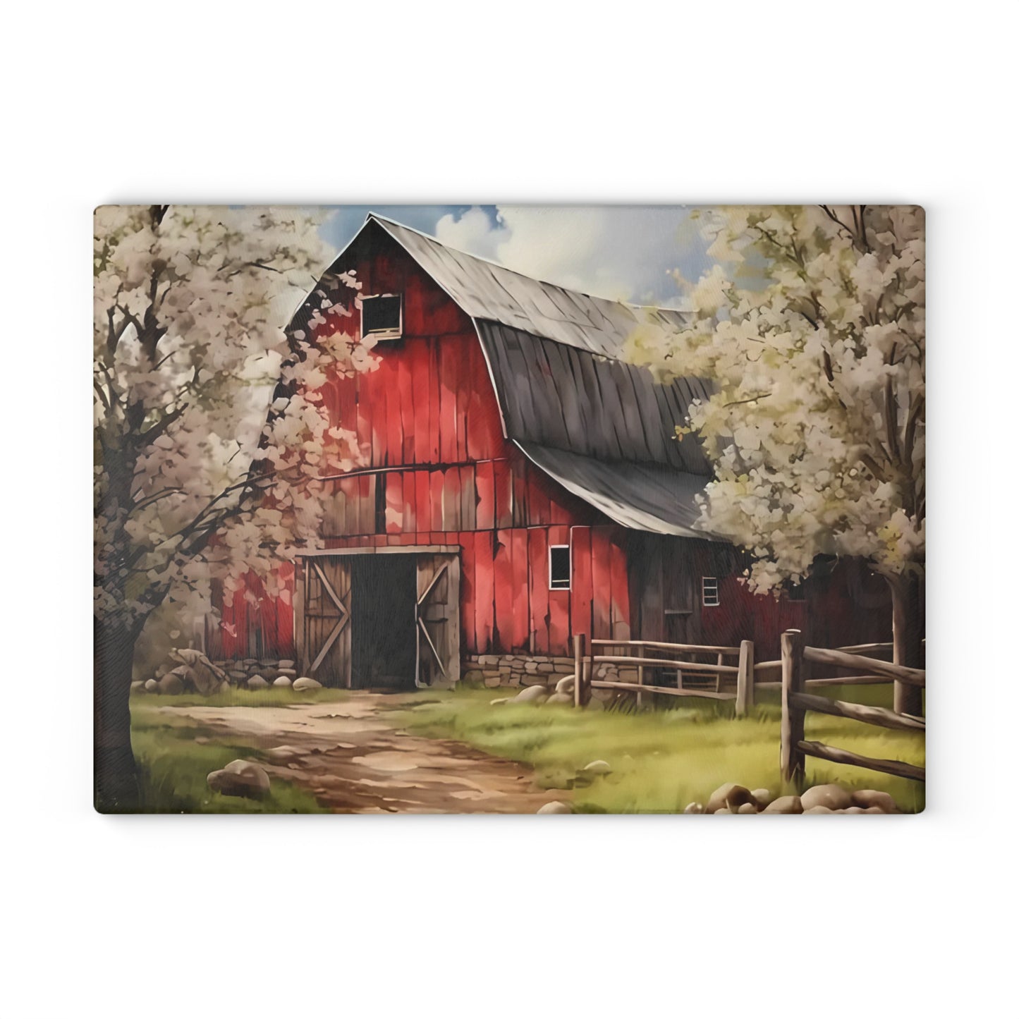 🌸🚜 Rustic Red Barn Blossom Cutting Board – Farmhouse Charm for Your Kitchen 🌾🐓