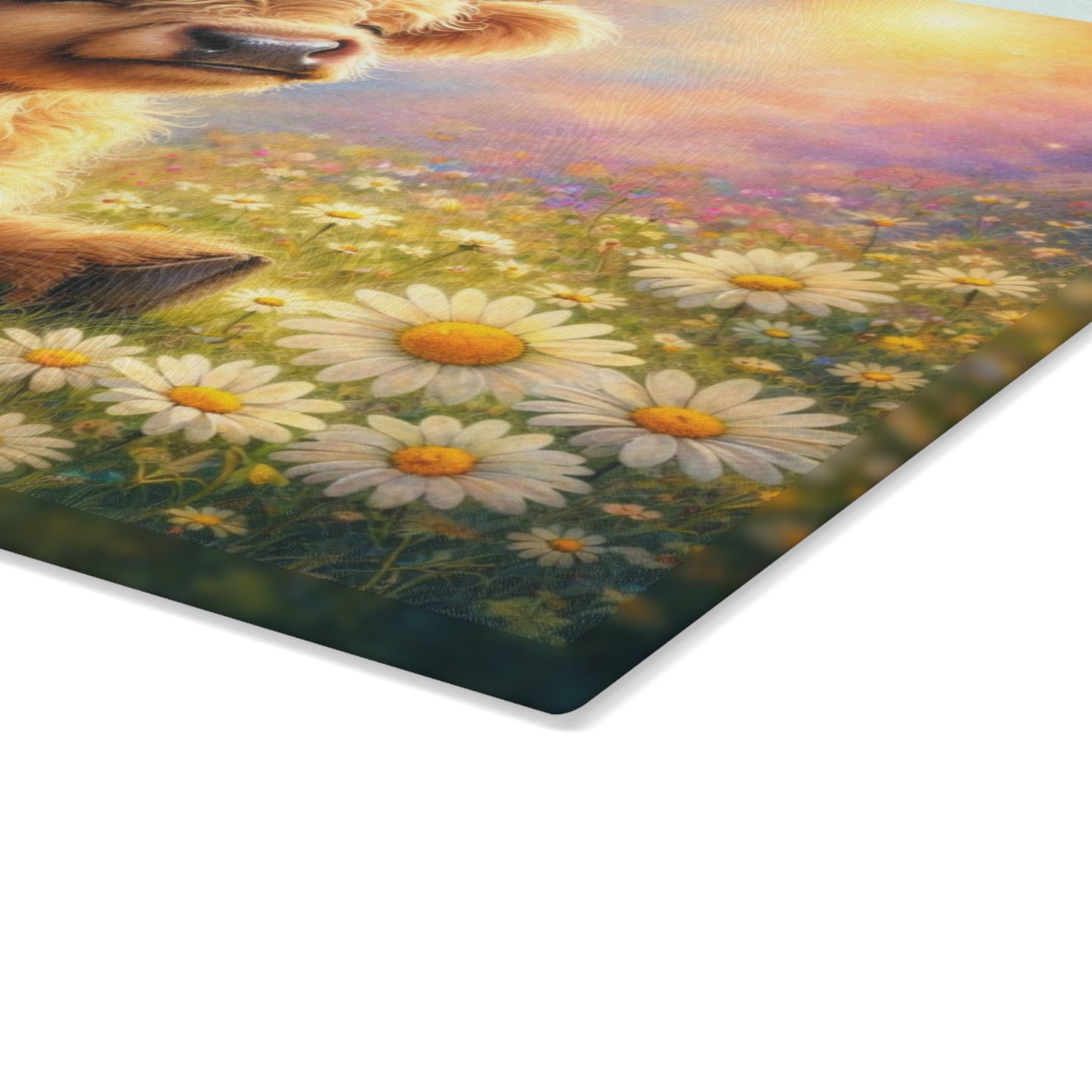 Highland Calf Daisy Meadow Glass Cutting Board – Spring Farmhouse Kitchen Decor with Floral Crown Cow Design