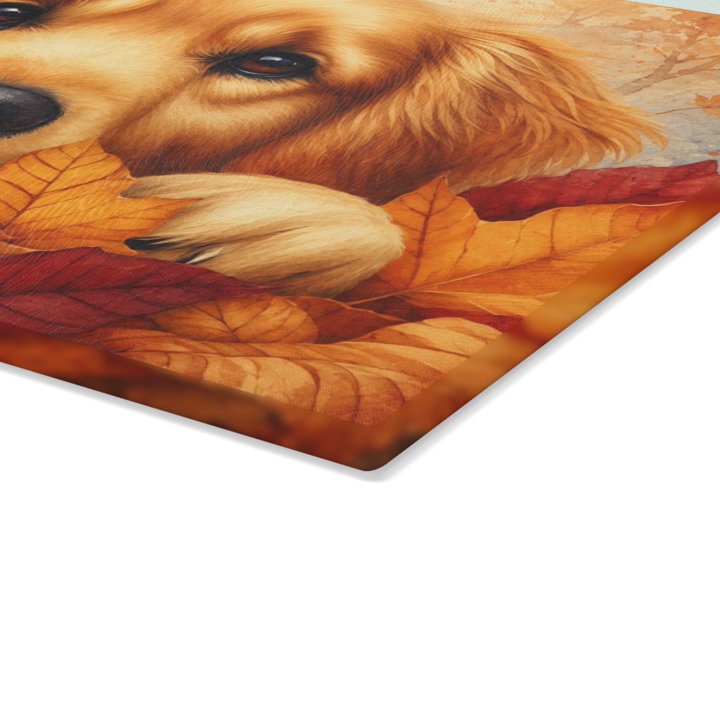 Golden Retriever Autumn Leaves Glass Cutting Board – Cozy Fall Dog Kitchen Décor