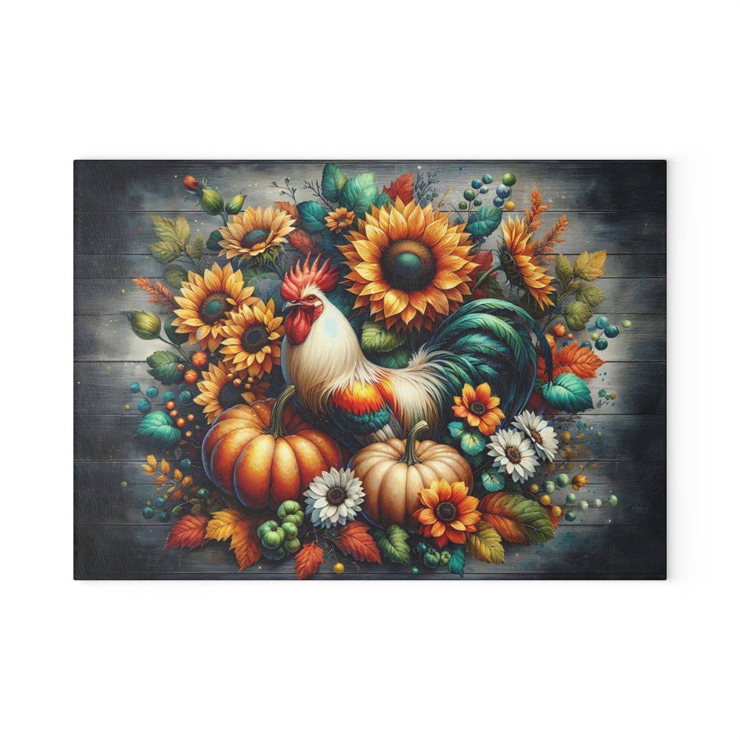 🐓🌻 “Harvest Rooster & Sunflowers” Glass Cutting Board – Cozy Autumn Charm for Your Kitchen