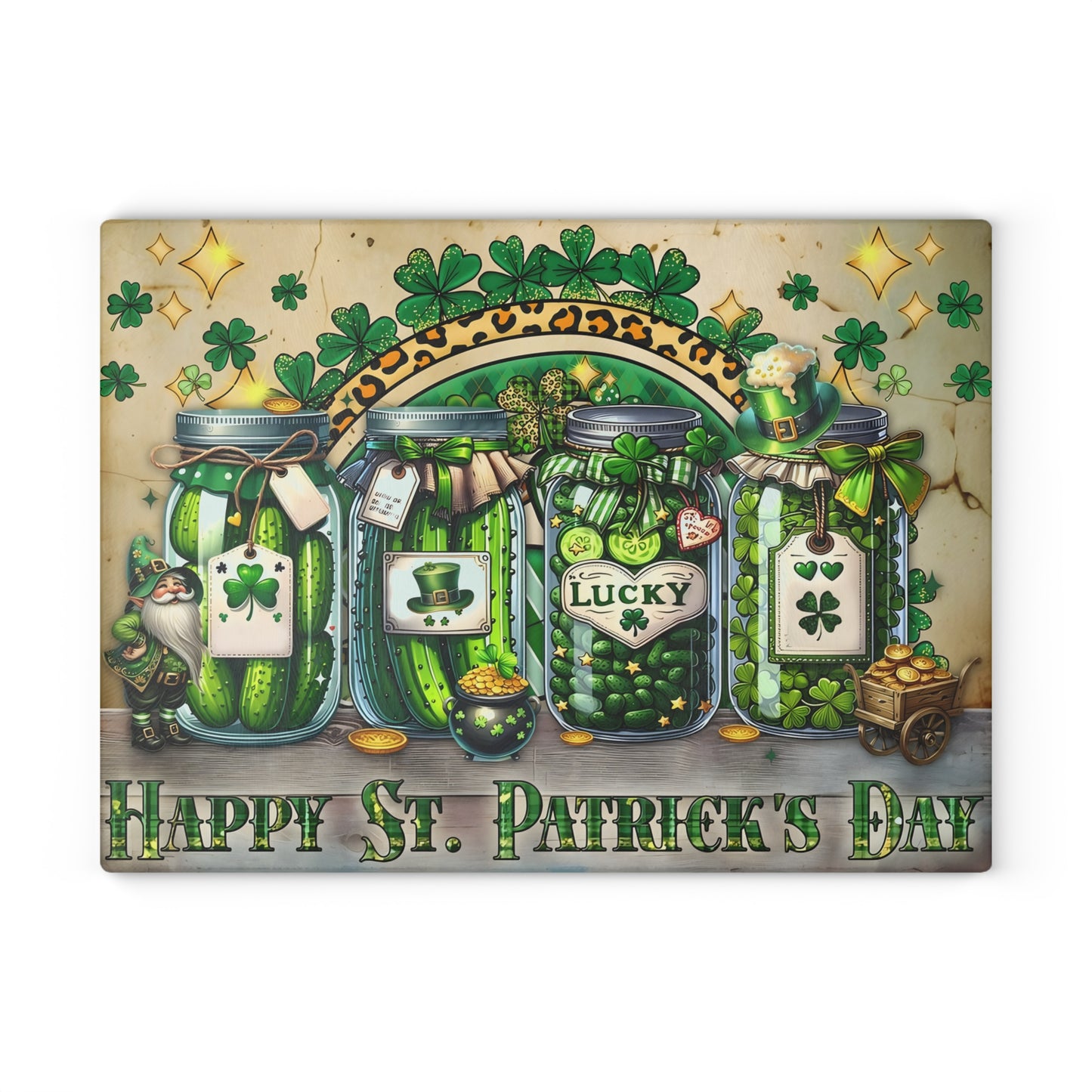 Lucky Shamrock Jars Glass Cutting Board – St. Patrick’s Day Kitchen Décor