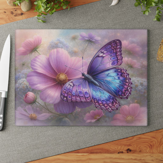 Purple & Blue Butterfly Glass Cutting Board – Dreamy Cosmos Floral Butterfly Art