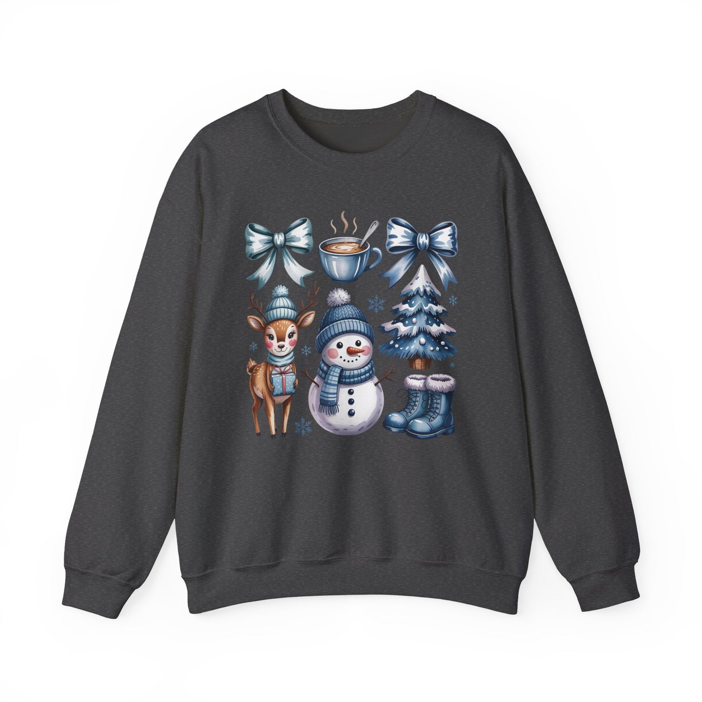 ❄️💙 Cozy Winter Vibes Crewneck – Reindeer, Snowman, Cocoa & Bows